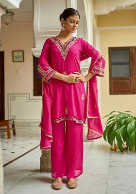 Rani Pink Embroidered Blended Straight Kurta Set