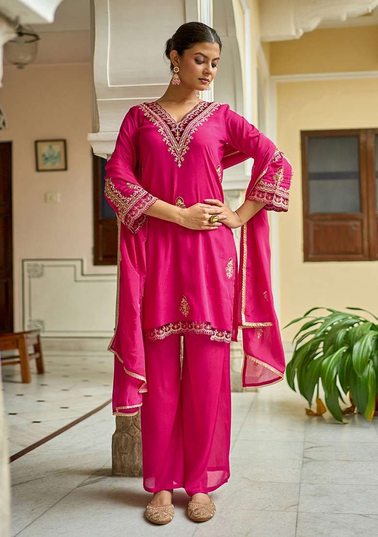 Rani Pink Embroidered Blended Straight Kurta Set - Indya
