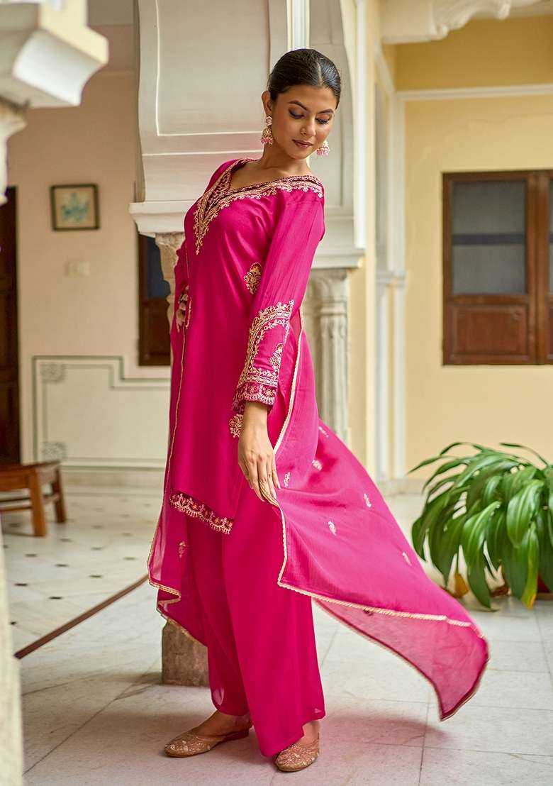 Rani Pink Embroidered Blended Straight Kurta Set - Indya