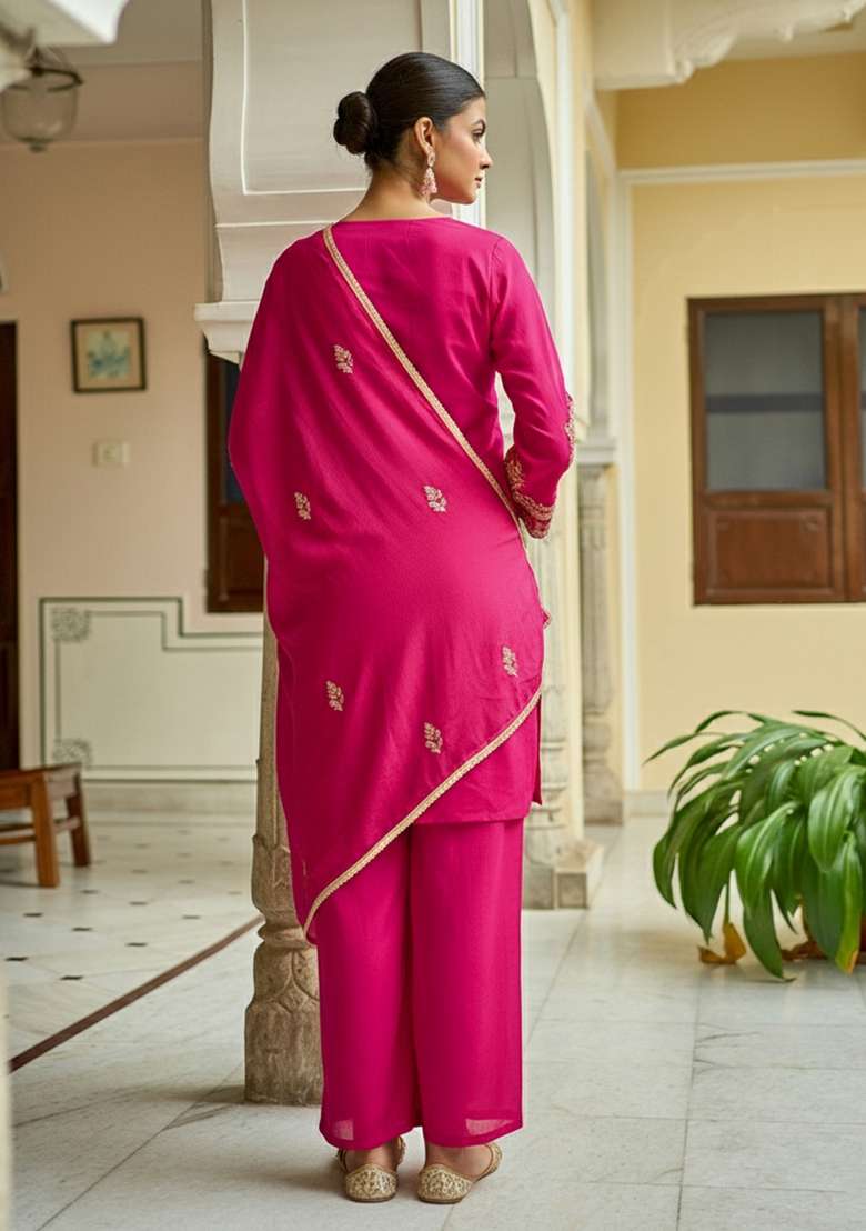 Rani Pink Embroidered Blended Straight Kurta Set - Indya
