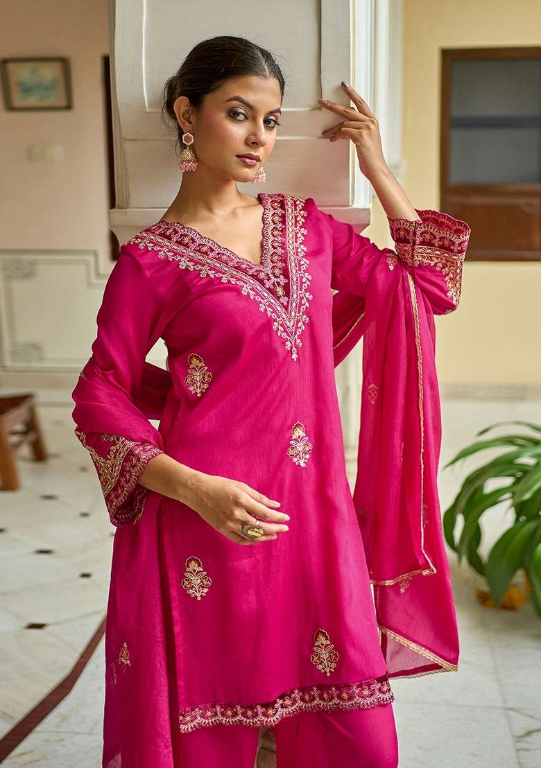 Rani Pink Embroidered Blended Straight Kurta Set - Indya