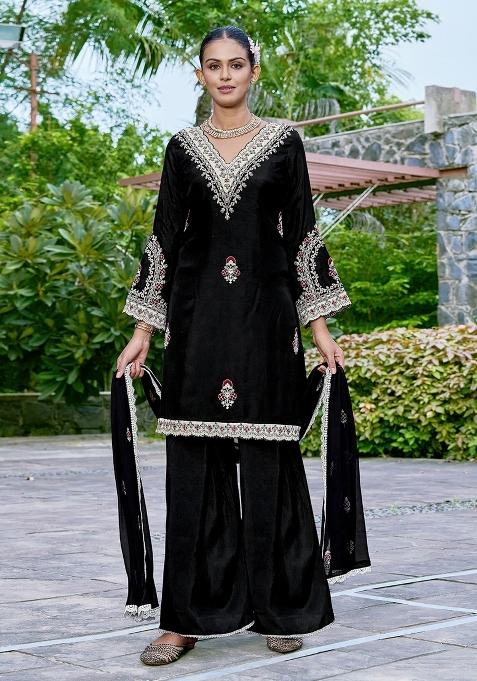 Black Embroidered Blended Sharara Set