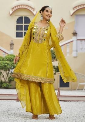 Mustard Yellow Embroidered Blended Sharara Set