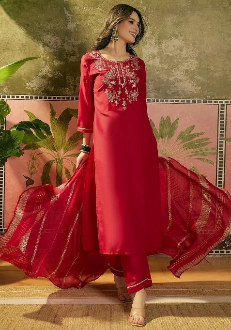Red Embroidery Blended Kurta Set