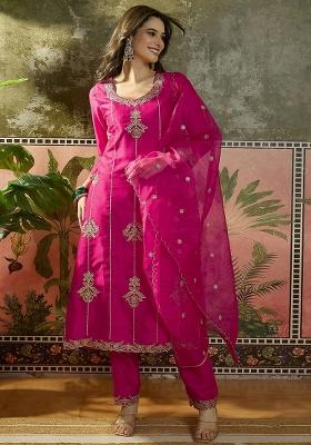 Rani Pink Embroidery Blended Kurta Set