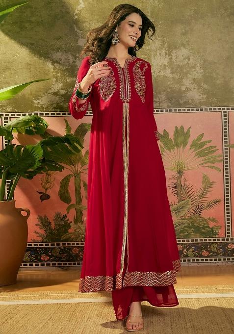Red Embroidery Blended Kurta Set