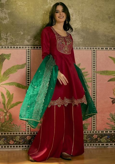Maroon Embroidery Blended Kurta Set
