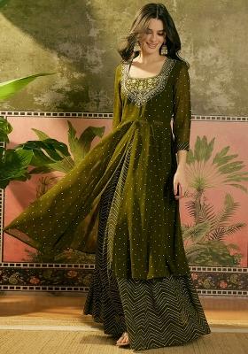 Mehandi Embroidery Blended Kurta Set