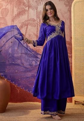 Royal Blue Embroidery Blended Kurta Set