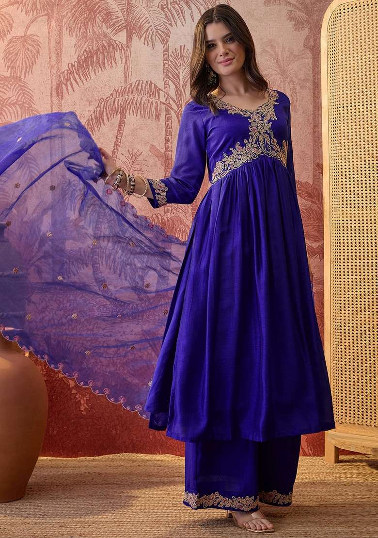 Royal Blue Embroidered Blended Anarkali Set - Indya