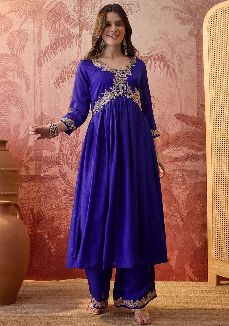 Royal Blue Embroidered Blended Anarkali Set - Indya