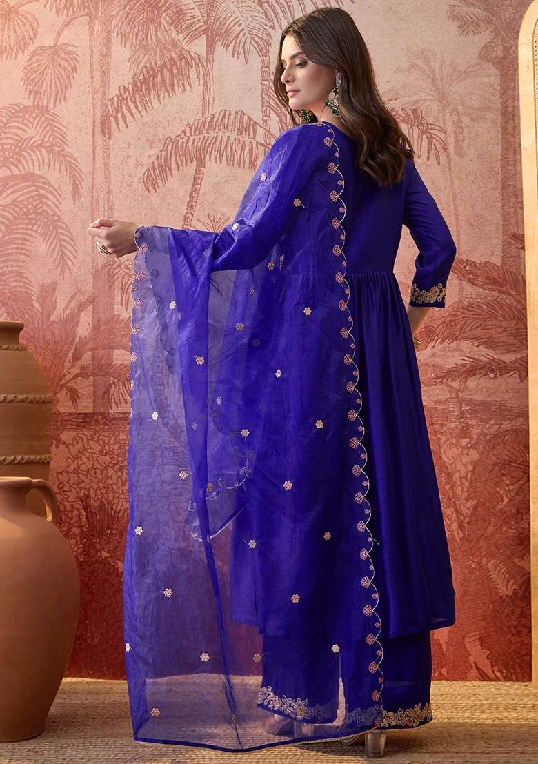 Royal Blue Embroidered Blended Anarkali Set - Indya