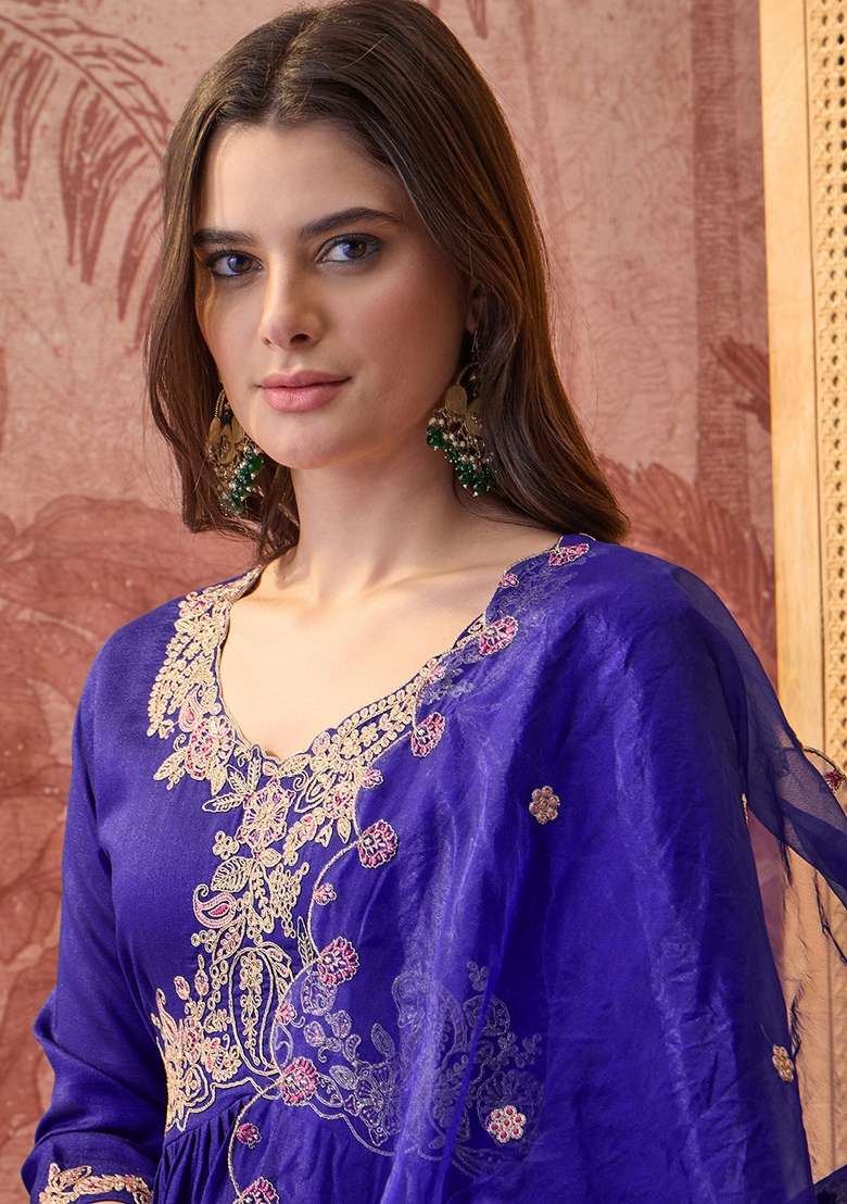 Royal Blue Embroidered Blended Anarkali Set - Indya