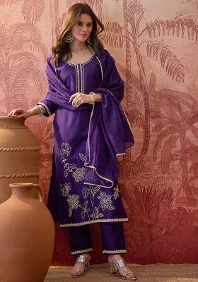 Purple Embroidery Blended Kurta Set