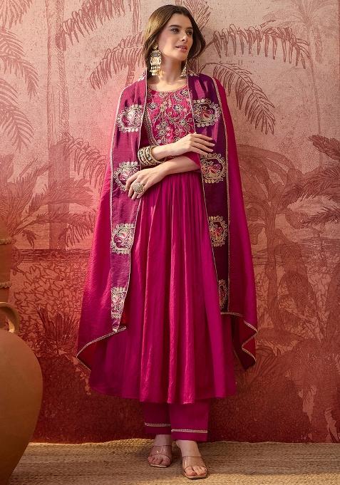 Pink Embroidery Blended Kurta Set