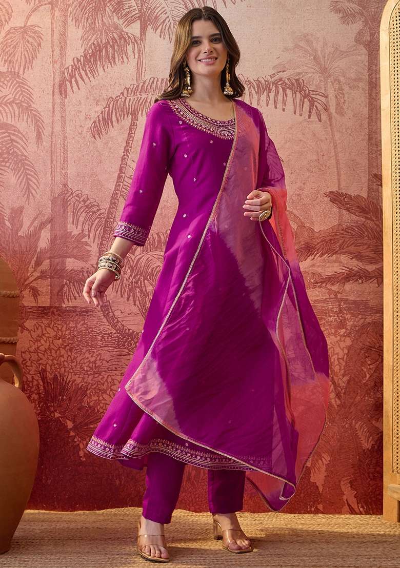 Magenta Embroidered Blended Straight Kurta Set - Indya