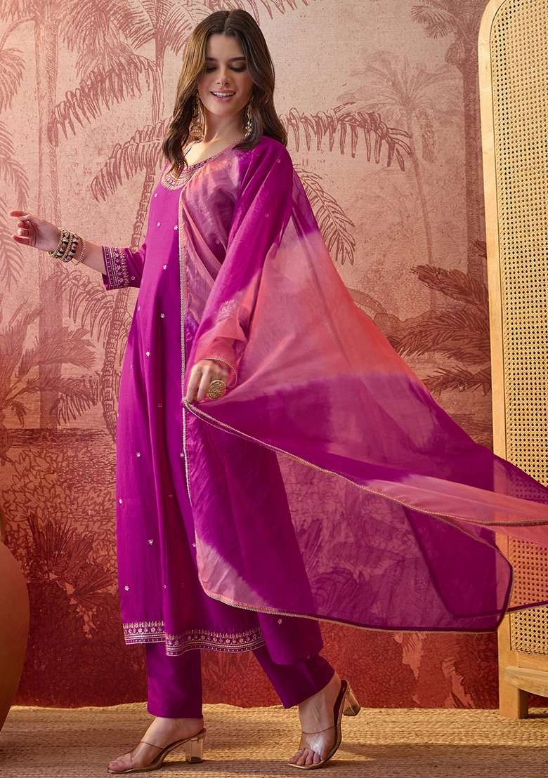 Magenta Embroidered Blended Straight Kurta Set - Indya