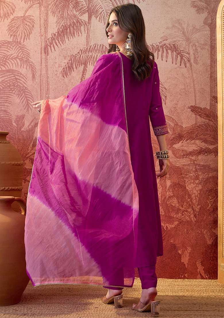 Magenta Embroidered Blended Straight Kurta Set - Indya
