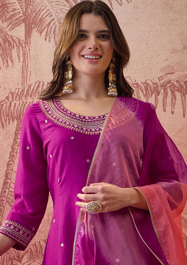 Magenta Embroidered Blended Straight Kurta Set - Indya