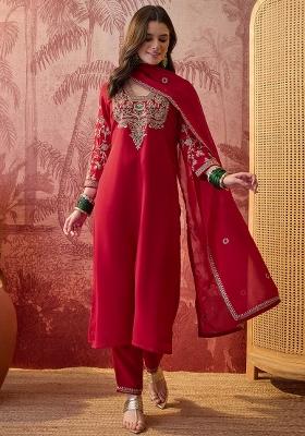 Red Embroidery Blended Kurta Set
