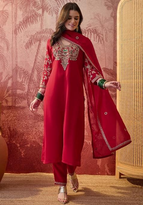 Red Embroidery Blended Kurta Set
