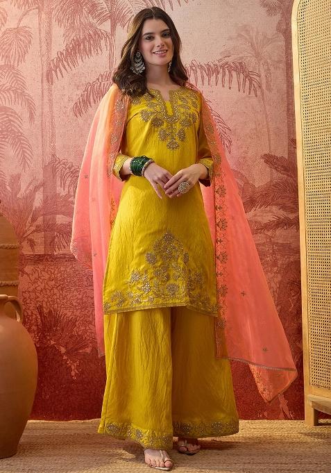 Yellow Embroidery Blended Kurta Set