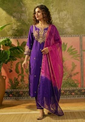 Purple Embroidery Blended Kurta Set
