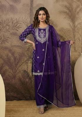 Purple Embroidery Blended Kurta Set