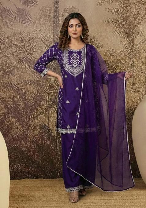 Purple Embroidery Blended Kurta Set