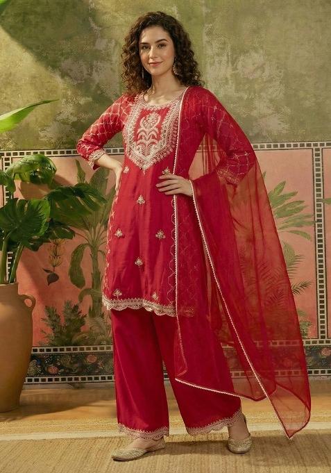 Red Embroidery Blended Kurta Set