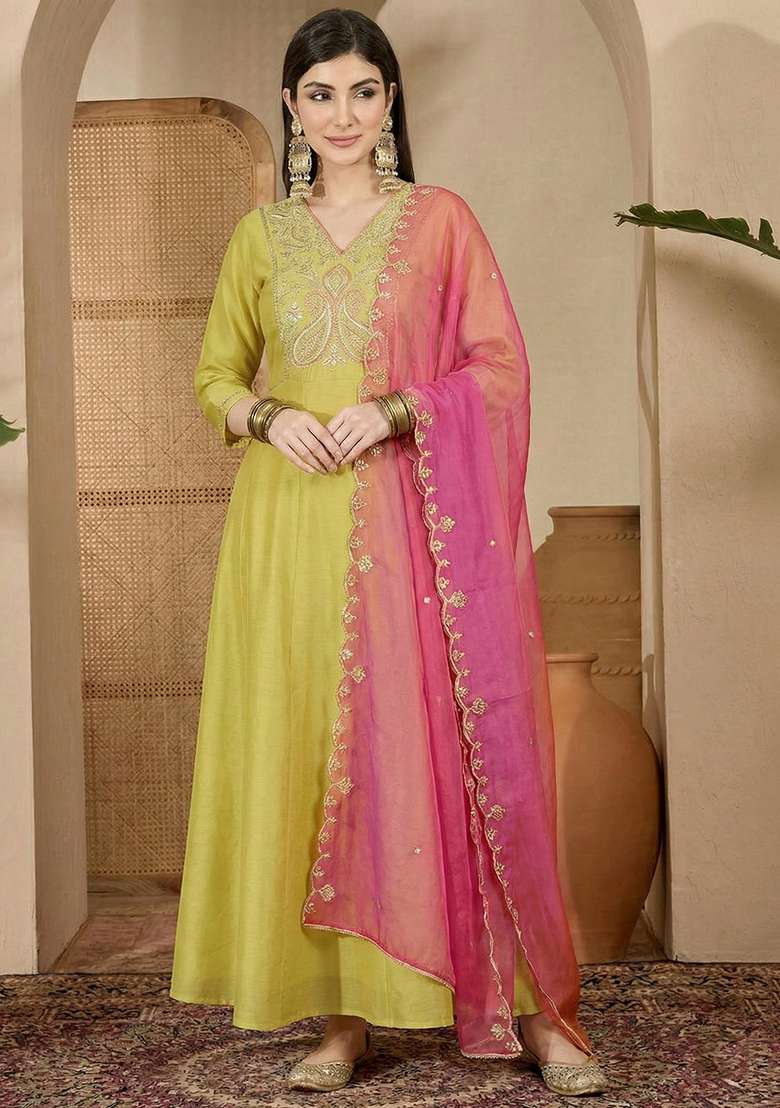 Yellow Embroidered Blended Anarkali Set - Indya