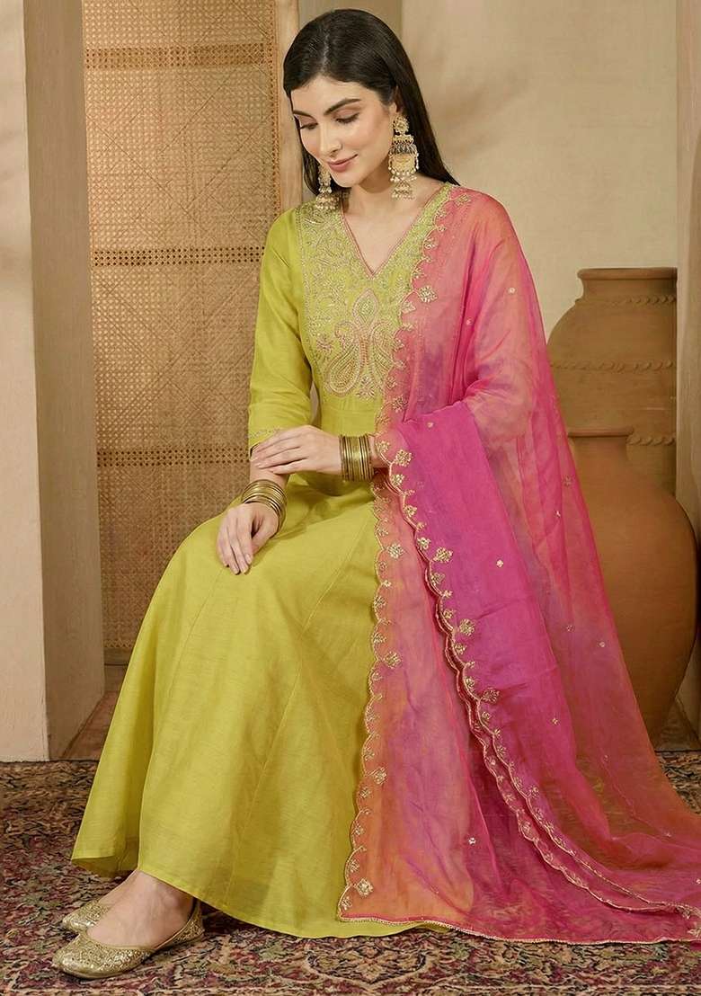 Yellow Embroidered Blended Anarkali Set - Indya