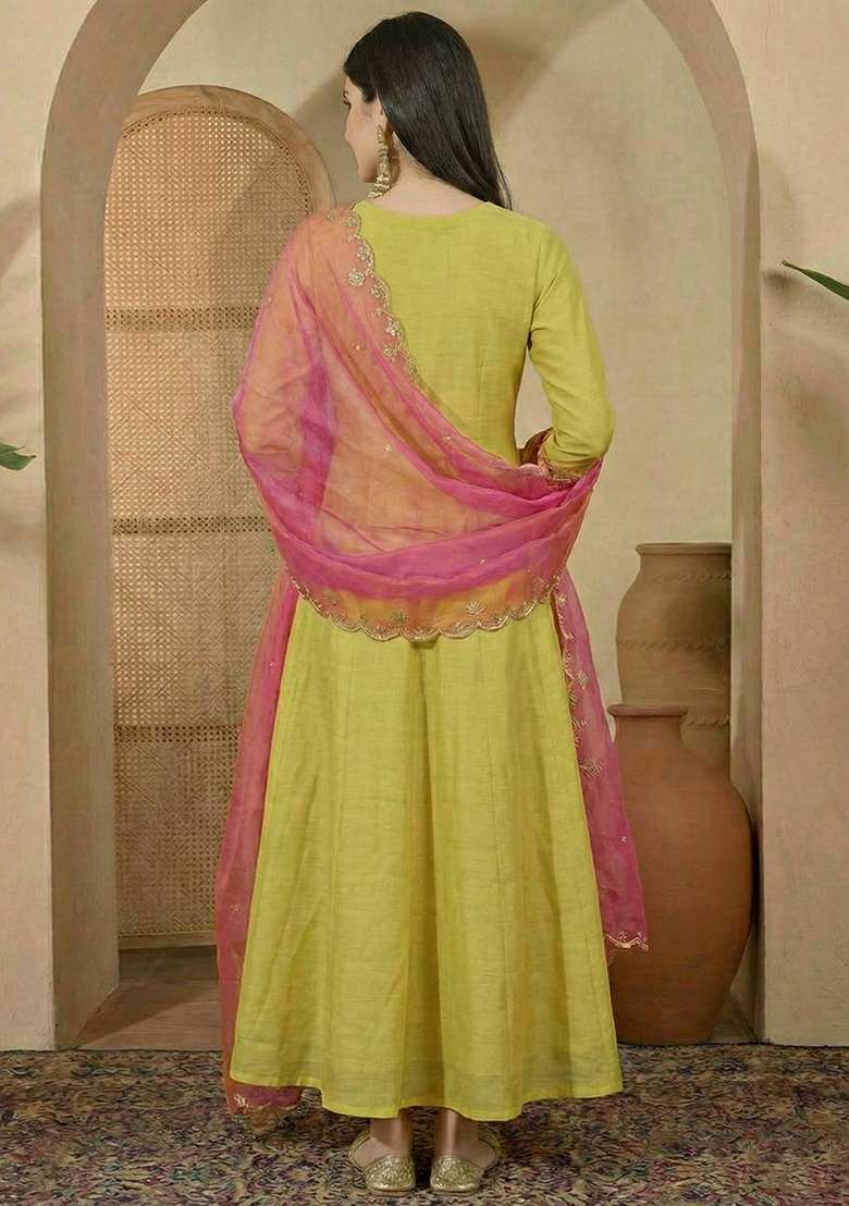 Yellow Embroidered Blended Anarkali Set - Indya