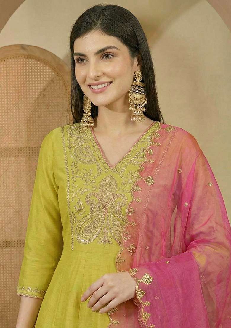 Yellow Embroidered Blended Anarkali Set - Indya