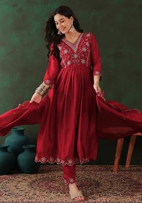 Red Embroidery Blended Kurta Set