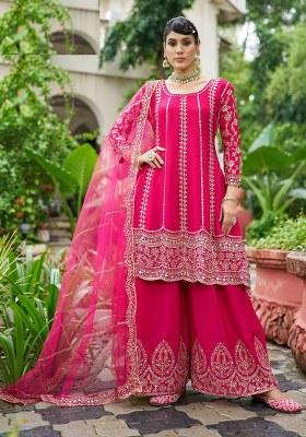Rani Pink Embroidery Chinon Sharara Salwar Suit