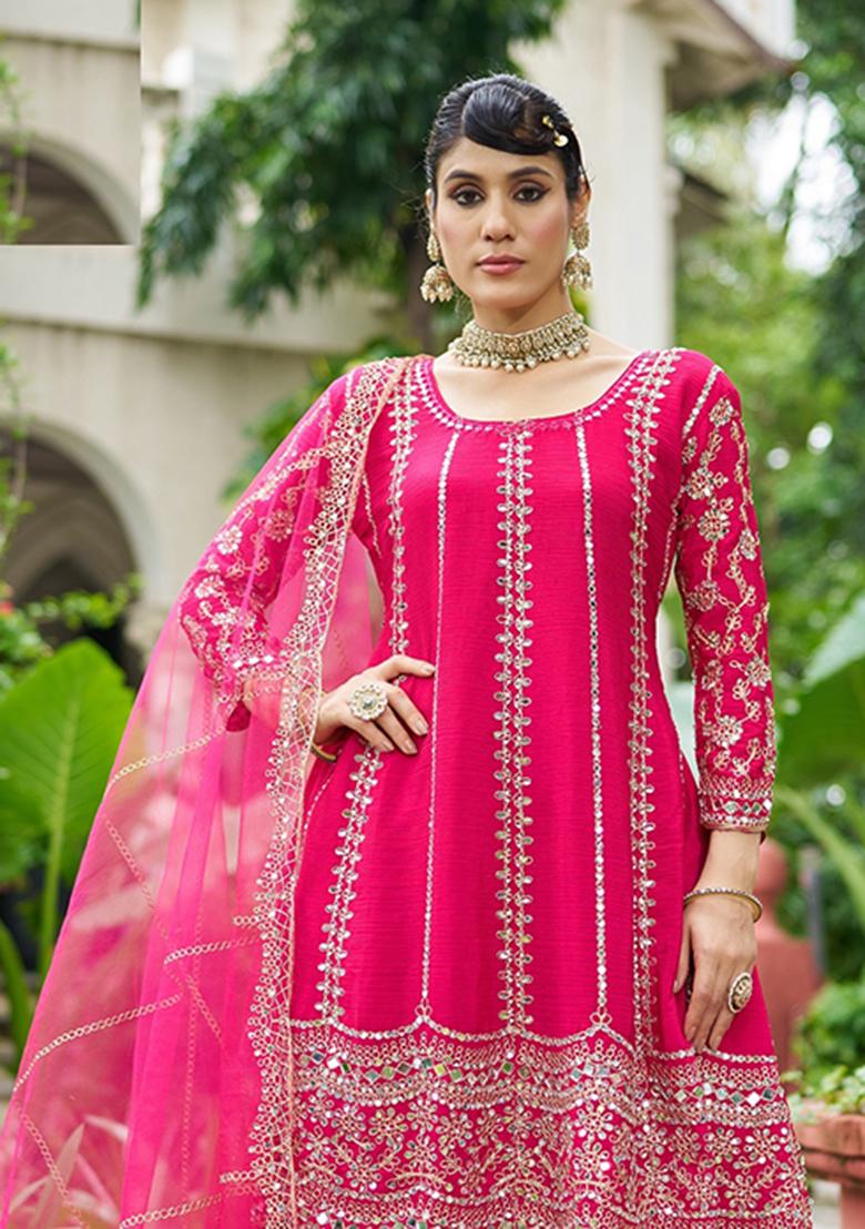Rani Pink Embroidery Chinon Sharara Salwar Suit - Indya