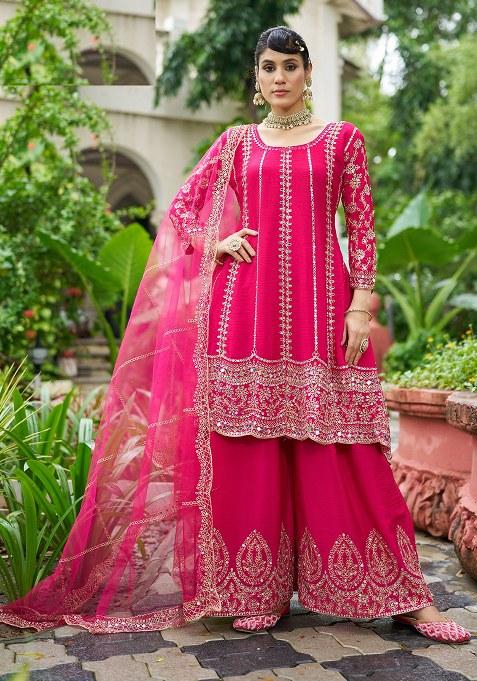 Rani Pink Embroidery Chinon Sharara Salwar Suit