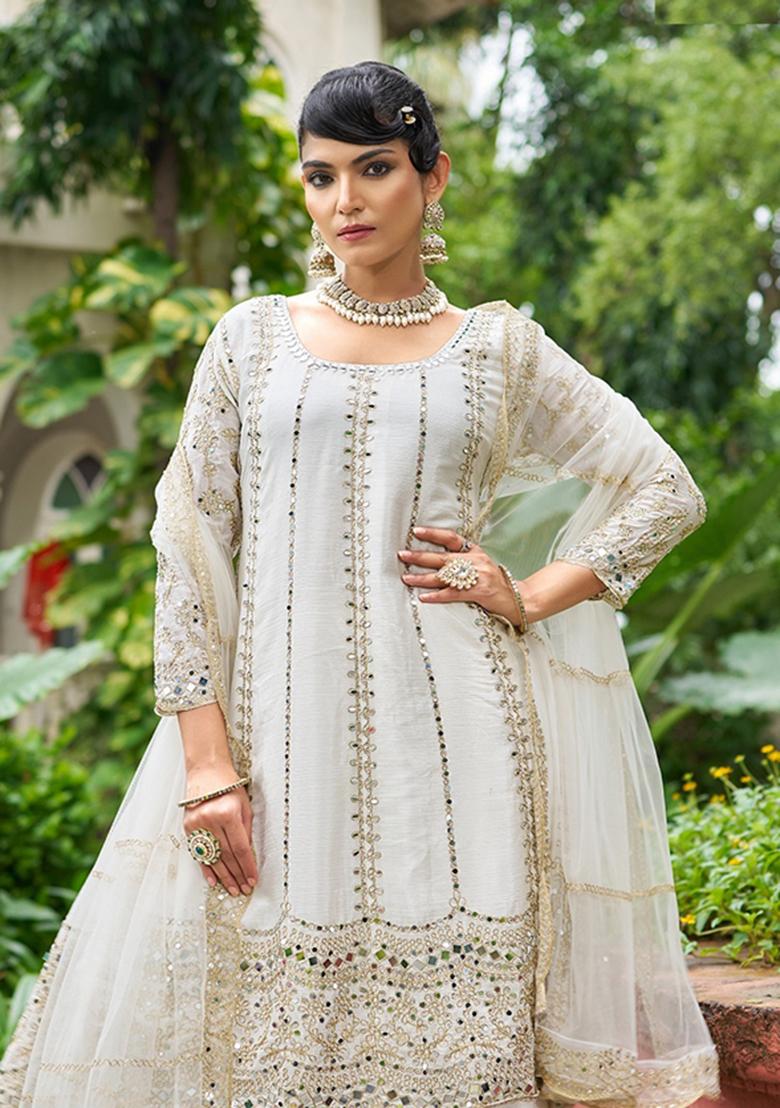 White Embroidery Chinon Sharara Salwar Suit - Indya