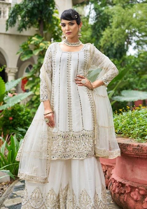 White Embroidery Chinon Sharara Salwar Suit