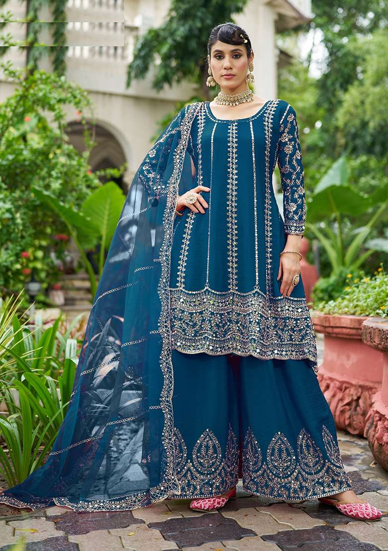 Blue Embroidered Chinon Sharara Set - Indya