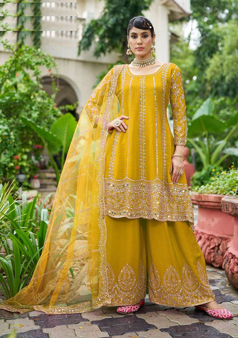 Yellow Embroidered Chinon Sharara Set - Indya