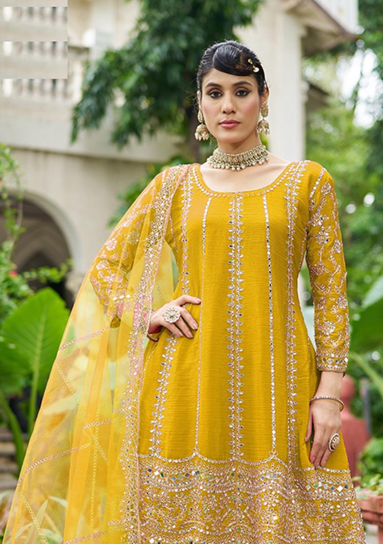 Yellow Embroidery Chinon Sharara Salwar Suit - Indya