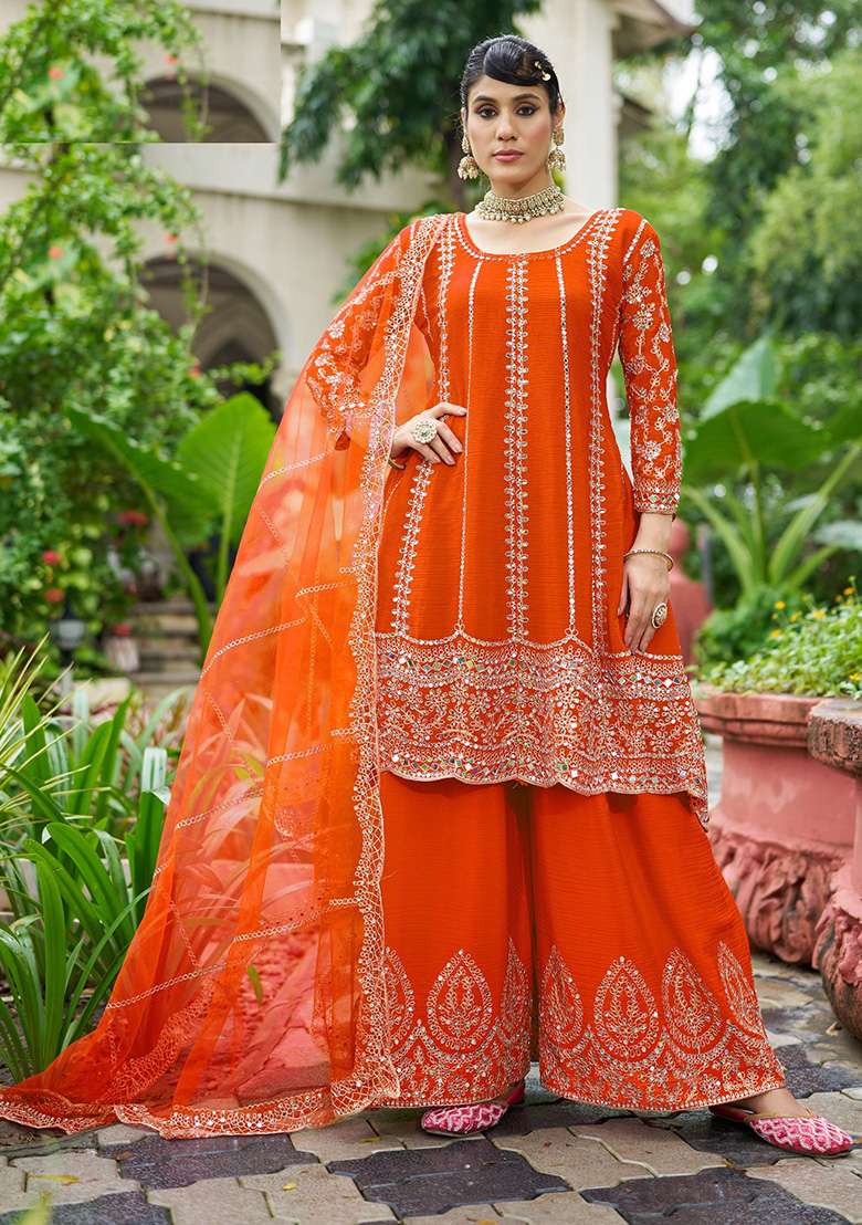 Orange Embroidered Chinon Sharara Set - Indya