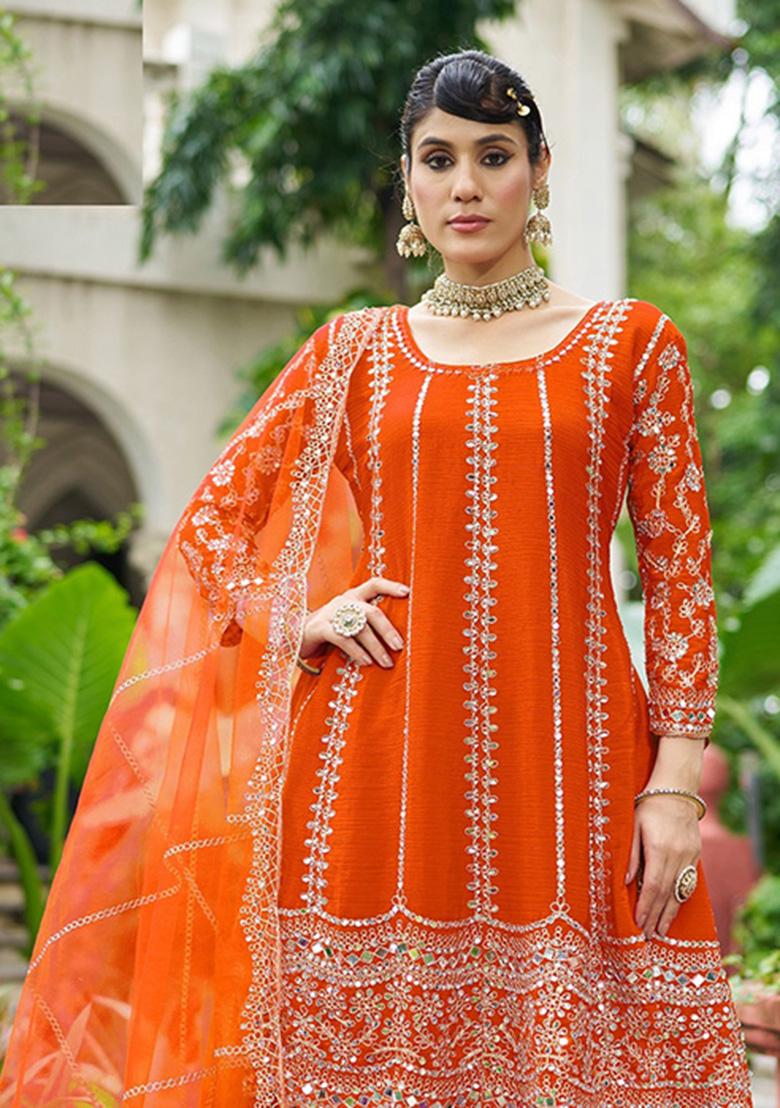 Orange Embroidery Chinon Sharara Salwar Suit - Indya
