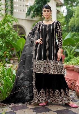 Black Embroidery Chinon Sharara Salwar Suit