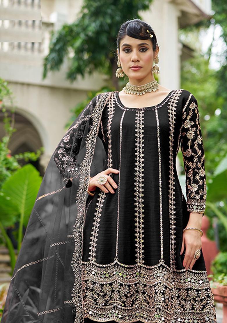 Black Embroidery Chinon Sharara Salwar Suit - Indya