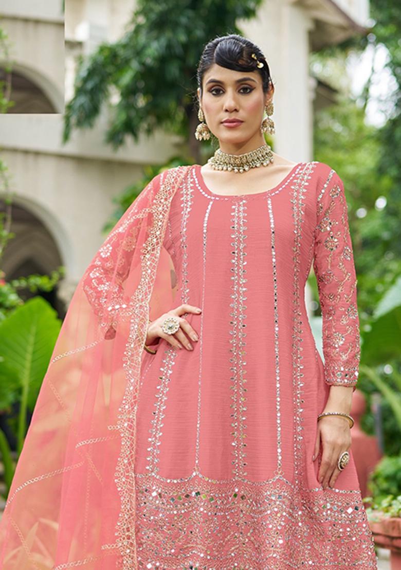 Peach Embroidery Chinon Sharara Salwar Suit - Indya