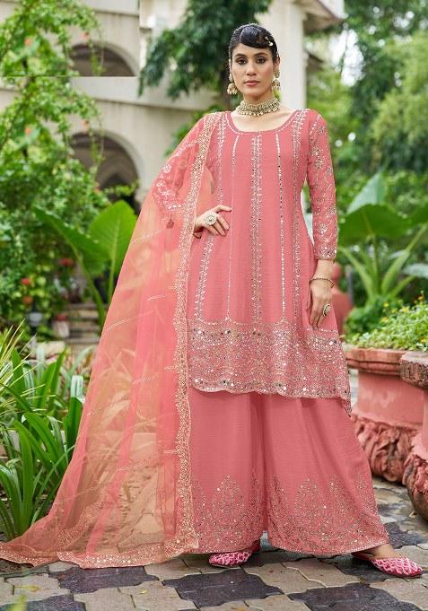 Peach Embroidery Chinon Sharara Salwar Suit