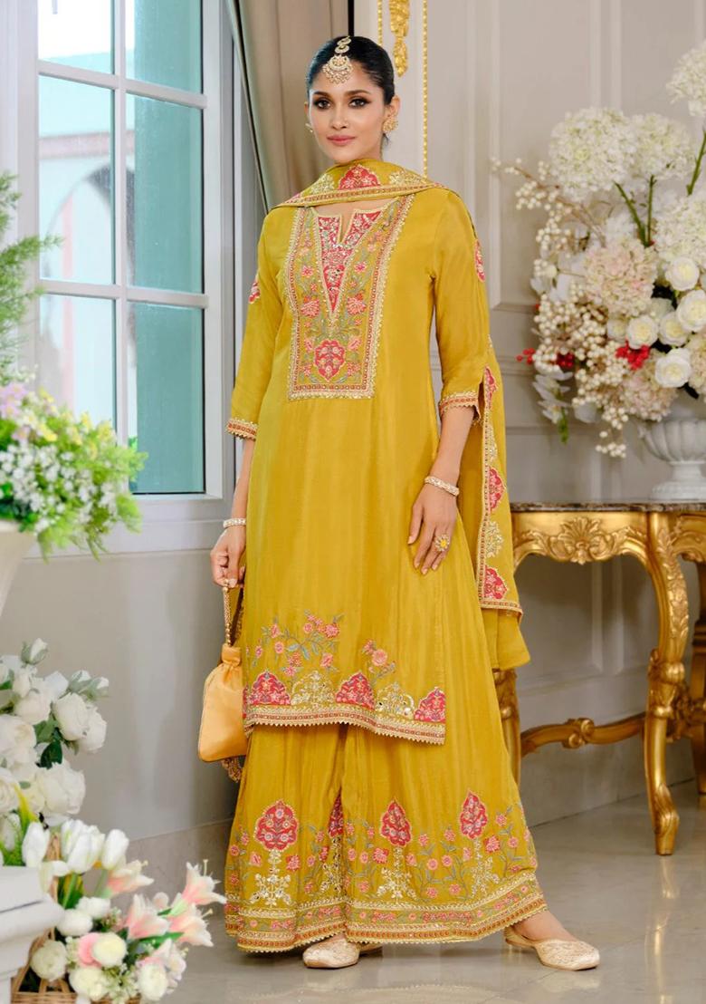 Yellow Embroidery Chinon Kurta Set - Indya